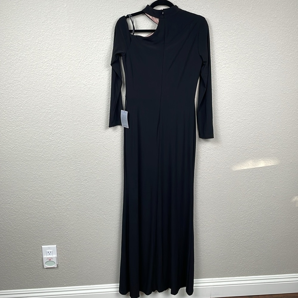 NWT Xscape Black Cutout Shoulder Long Sleeve Gown Maxi Dress Slit Sz 10 - Picture 6 of 14